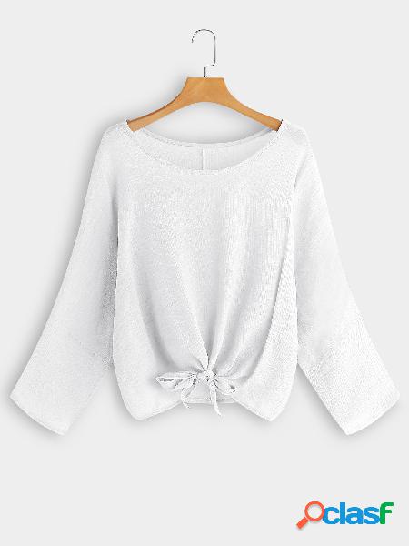 White Round Neck Long Sleeves Knot Front Tee