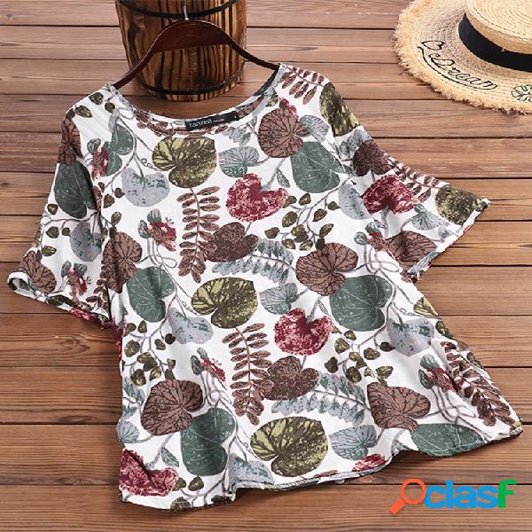 vendimia Camiseta de manga corta con estampado de hojas Plus