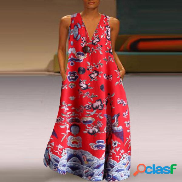 vendimia Estampado floral Escote en V Sin mangas Plus Talla