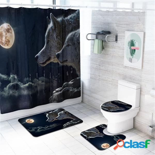 4 piezas Wolf Cuarto de baño Alfombrillas de baño Set