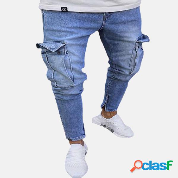 Algodón Multi bolsillos Casual Rasgado Jeans Denim