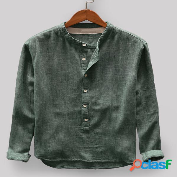 Algodón para hombre vendimia Henley de manga larga informal
