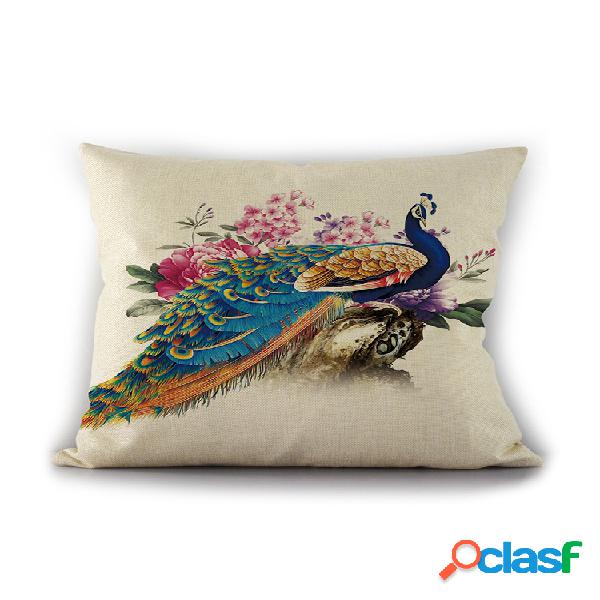 Almohada de lino con flor de pavo real simple Caso Sofá