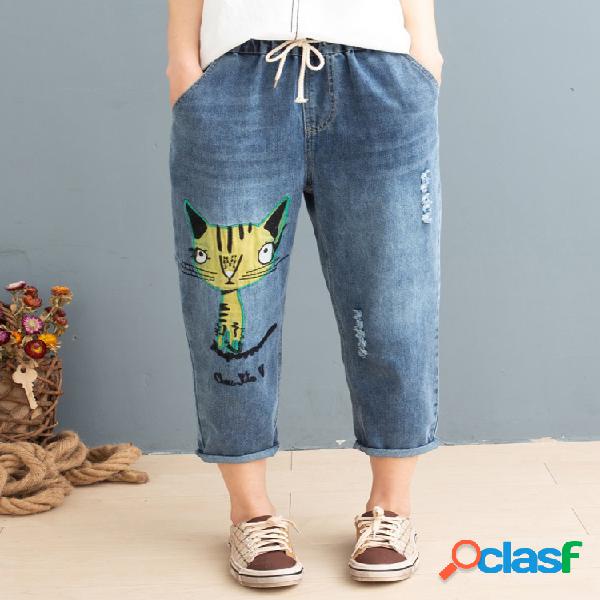 Animal Gato Bordado Casual Cordón Rasgado Jeans Para Mujer