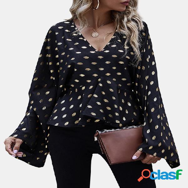 Blusa casual con cuello en V y estampado de lunares de manga