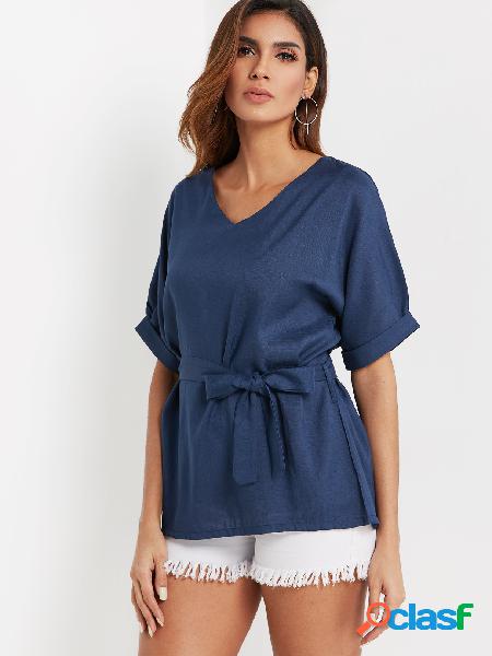 Blusa de cinturón de mangas medias con cuello en V azul