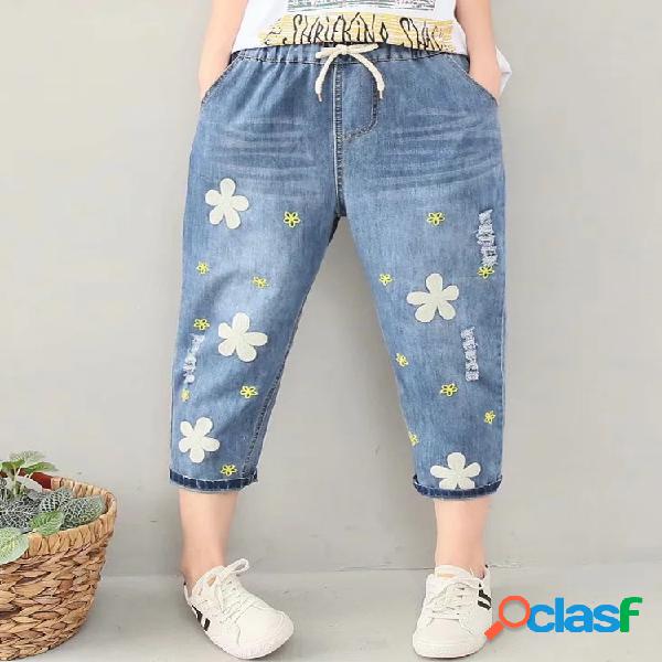 Bordado de flores rasgado cintura de cordón casual Jeans