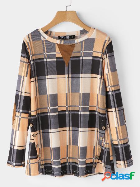 Botones amarillos Rejilla Manga Larga Moda Camisetas