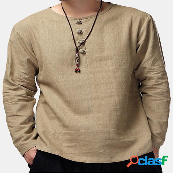 Camisa vintage estilo chino de algodón y lino para hombres
