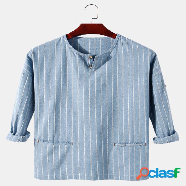 Camisas Henley con bolsillos dobles de lino y manga larga a
