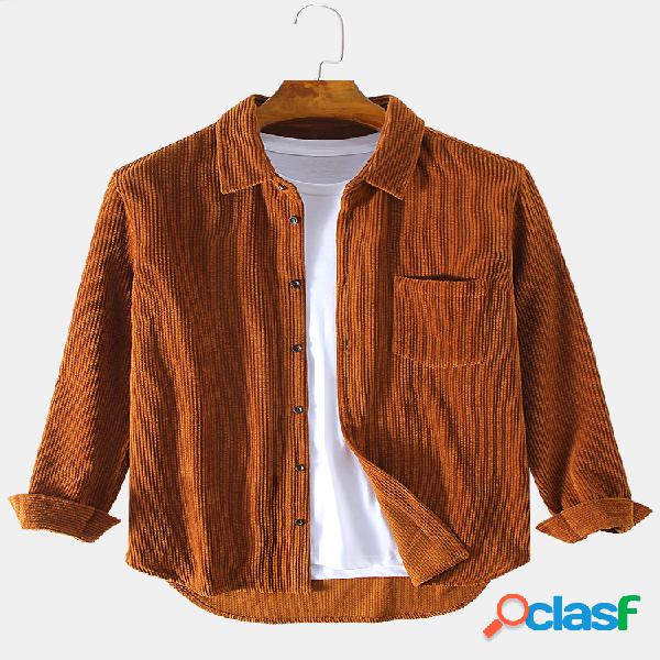 Camisas de manga larga casuales de color sólido de pana de
