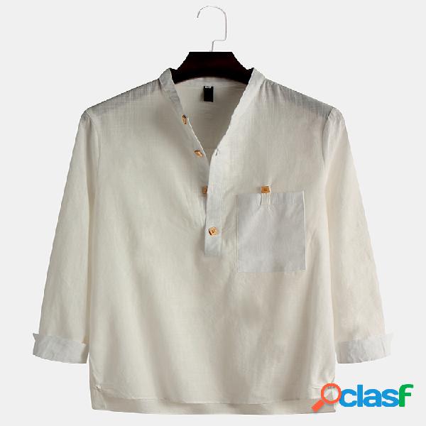 Camisas henley ajustadas de manga larga transpirable de lino