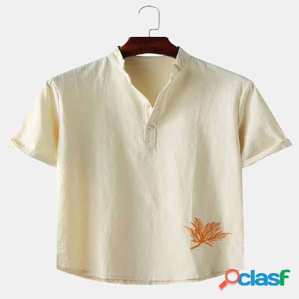Camisas henley bordadas de color liso de lino liso para