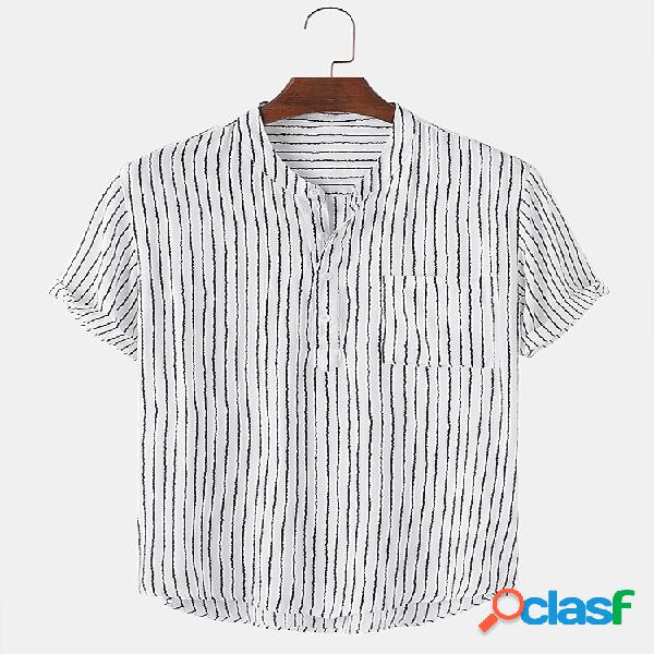 Camisas henley de manga corta casual con cuello alto a rayas