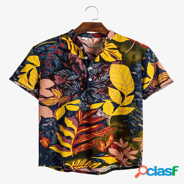 Camisas henley de manga corta sueltas con estampado de hojas
