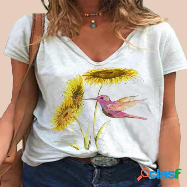 Camiseta con estampado de girasoles y manga corta con cuello