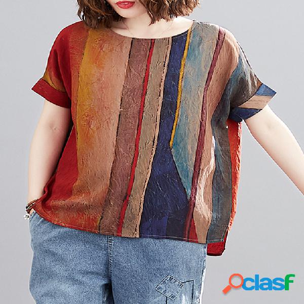Camiseta de lino con cuello redondo y manga enrollada a
