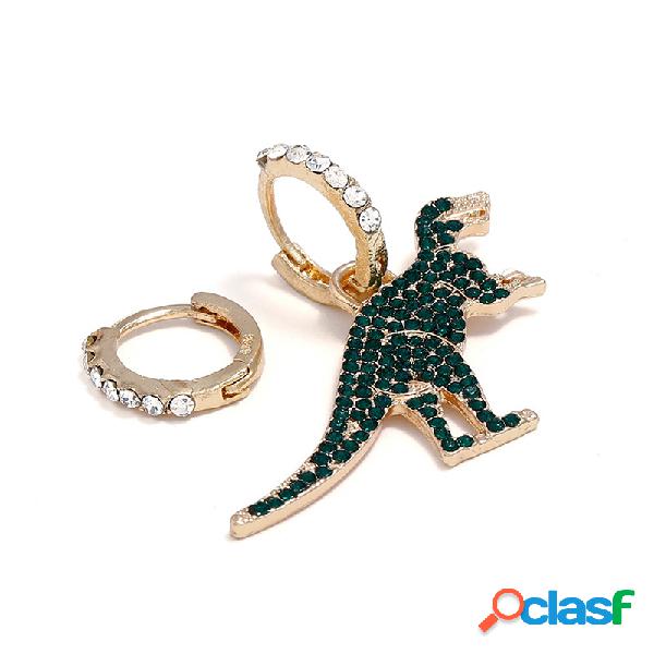 Classic Gold Green Rhinestones Dinosaur Dangle Pendientes