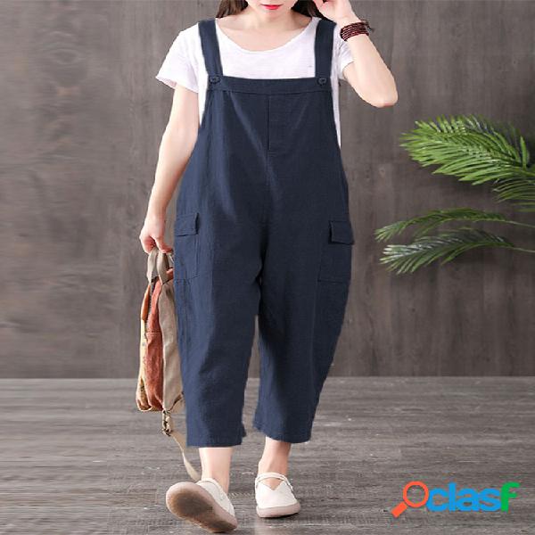 Correas de color liso Plus Talla Casual Mono con bolsillos