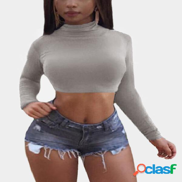 Cuello alto con cuello redondo y mangas largas gris con