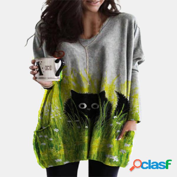 Cutie Black Gato Estampado con cuello en V Manga larga Plus