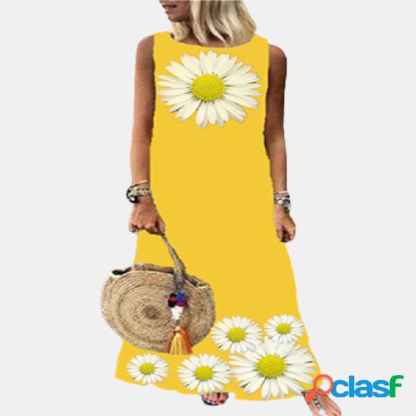 Daisy Flower Impreso Sin Mangas O-cuello Maxi Vestido