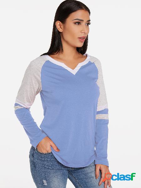 Detalles de rayas en azul claro V-cuello Curva Dobladillo