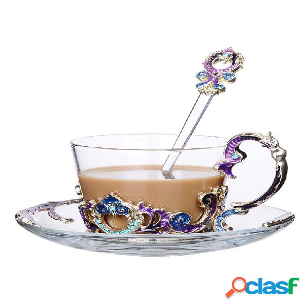 Esmalte Flower Té Juego de tazas Taza de café de vidrio