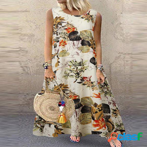 Estampado floral sin mangas Plus Talla vendimia Vestido