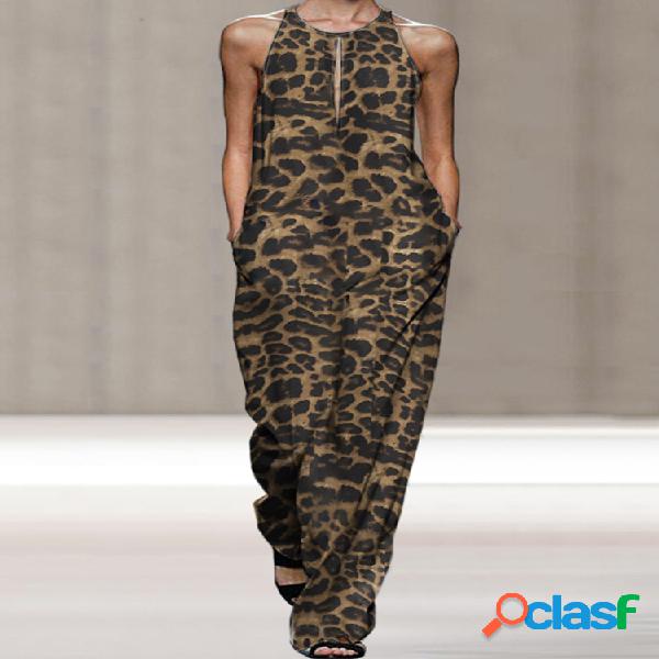 Estampado leopardo sin mangas Plus Talla suelta Mono