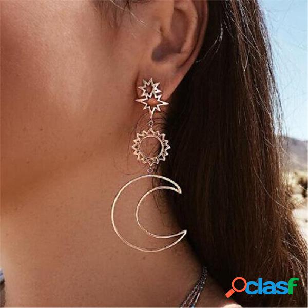 Estilo retro sol luna Pendientes estilo irregular largo