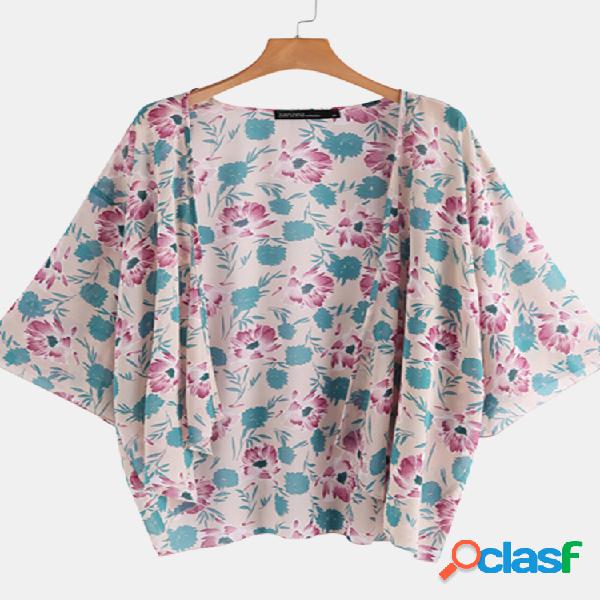 Floral Print Casual Plus Kimono Talla para Mujer