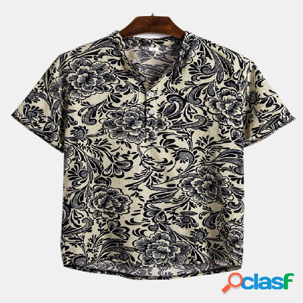 Henley de manga corta estampada floral para hombre Camisa