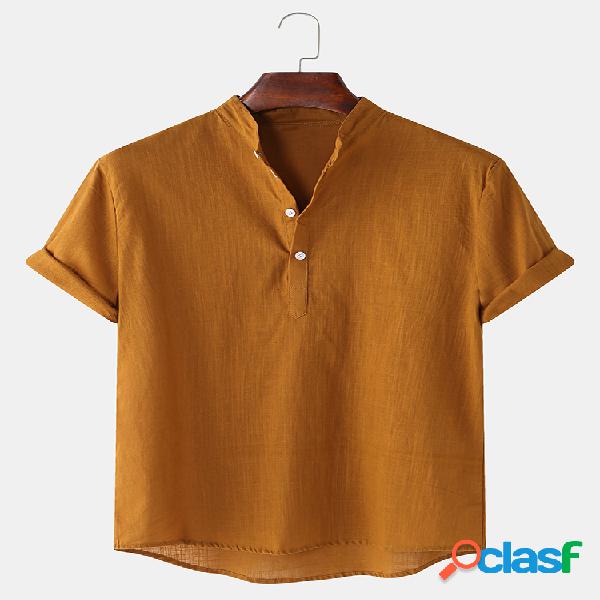 Henley sólido de manga corta con cuello alto de lino
