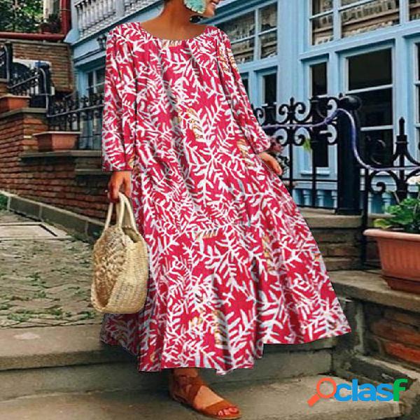 Hojas Estampado Manga larga Casual Plus Talla Maxi Vestido