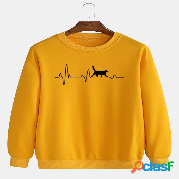 Hombre Simple Negro Gato & ECG Print Casual Pullover Crew