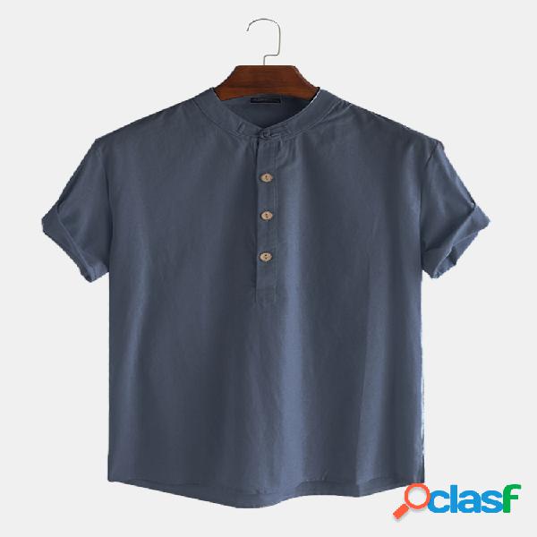 Hombres Algodón Lino Retro Sólido Casual Henley Camisa