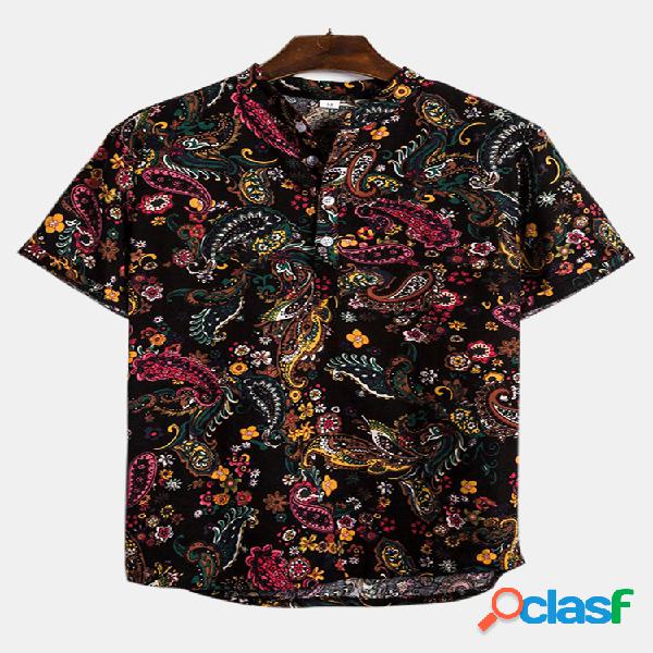 Hombres algodón étnico floral casual manga corta henley