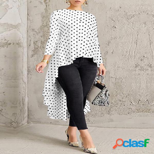 Imprimir Polka Dot High Low Manga larga Plus Blusa Talla