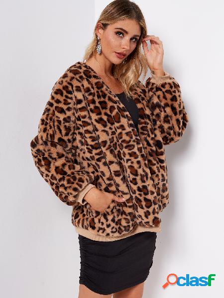 Leopardo patrón bolsillos laterales manga larga abrigo de