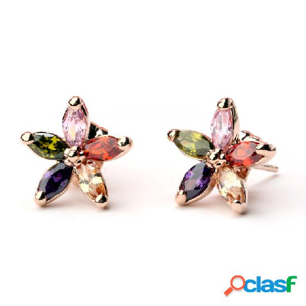 Luxury Rose Gold Earrings Colorful Zirconia Flower Stud
