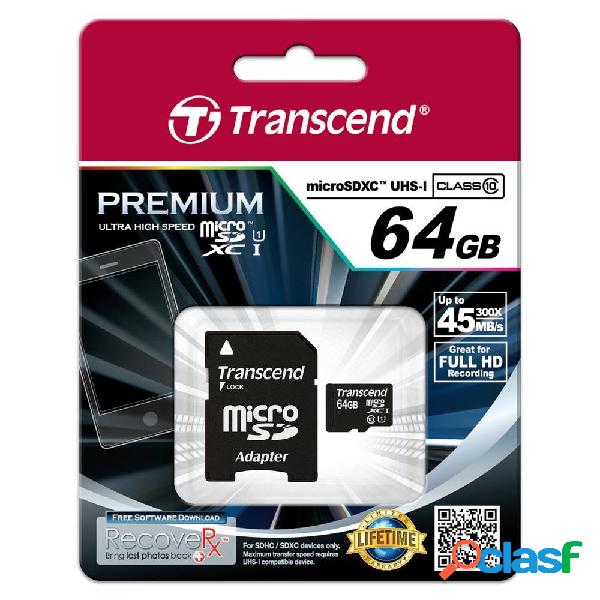 Memoria Flash Transcend, 64GB microSDXC UHS-I Clase 10, con