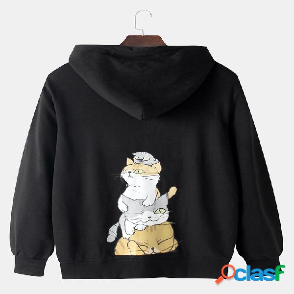 Mens Cotton Funny Gato & Letter Print Color sólido Casual