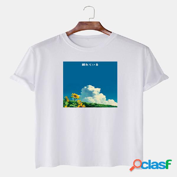 Mens Scenery Graphic Print Algodón Redondo Cuello Camisetas