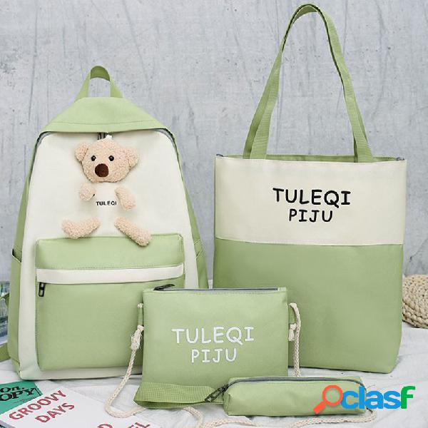 Mujer 4Pcs Oso Escuela Lápiz de estudiante Caso Mochila