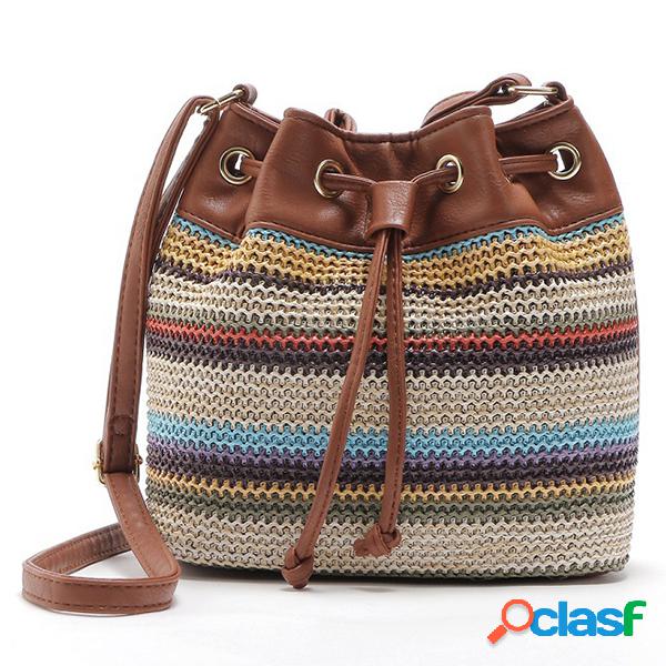 Mujer Cubo de rayas ondulado bohemio de cuero de PU Bolsa