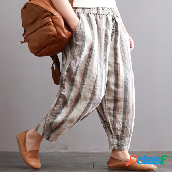 Pantalones vintage a rayas de talle elástico con bolsillos