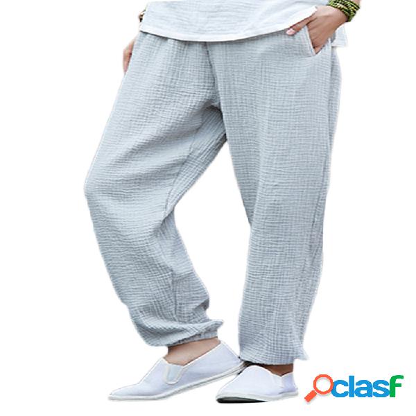 Pantalones vintage color sólido con bolsillos