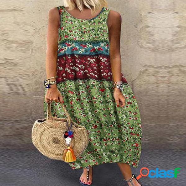 Patchwork Estampado floral Sin mangas Plus Talla Vestido