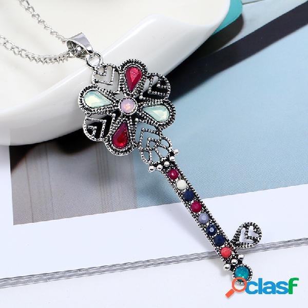 Retro Key Colgante Mujer Collar Collar largo de diamantes de
